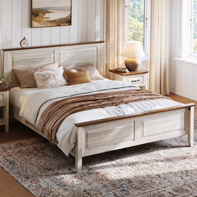 Cadre de lit de style campagnard, cadre de lit avec tête et pied de lit, cadre de lit en bois avec lattes de bois, cadres de lit plateforme beige rustique, grand lit, aucun sommier nécessaire