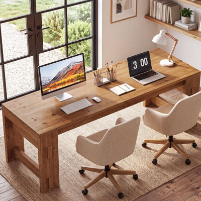 78.7-Inch Extra Long Solid Wood Home Office Desk, 2 Person Desk with Chunky Wood Legs, Rectangle Computer Desk for Home Office