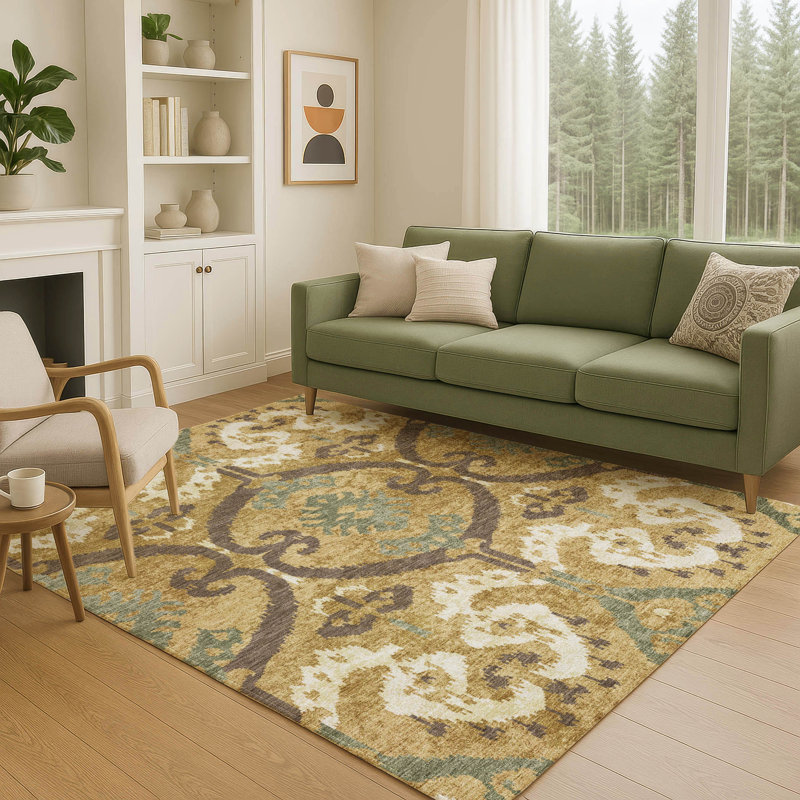 Tapis ikat intérieur / extérieur lavable à la machine Chantille ACN2614, Doré, 9 pi x 12 pi