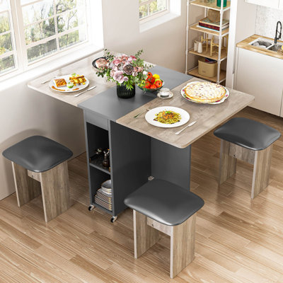 5pcs Dining Room Table and Chair Set with  Drop-Leaf, Modern Folding Dining Table with 6 Wheels and 4 Stools, Space-Saving Dining Table Set for Apartments, Dining Rooms, and Kitchens, Gray & Black