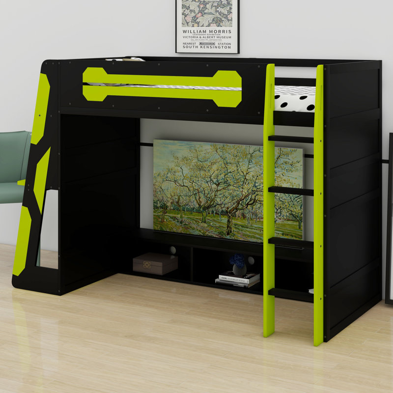 Élégant lit mezzanine en bois avec bureau, tablettes et lumière RVB, Noir/vert