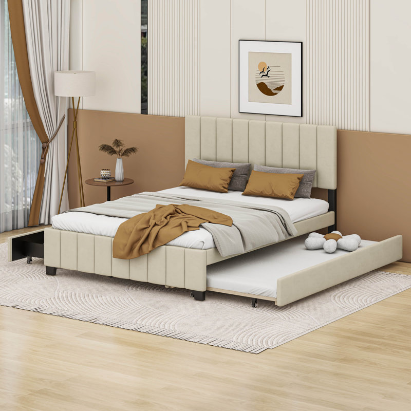 Grand lit plateforme tapissier en velours avec 2 tiroirs et 1 lit gigogne simple TG, Beige