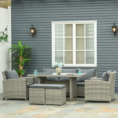 Ensemble de 6 meubles de patio en osier avec coussins, gris clair