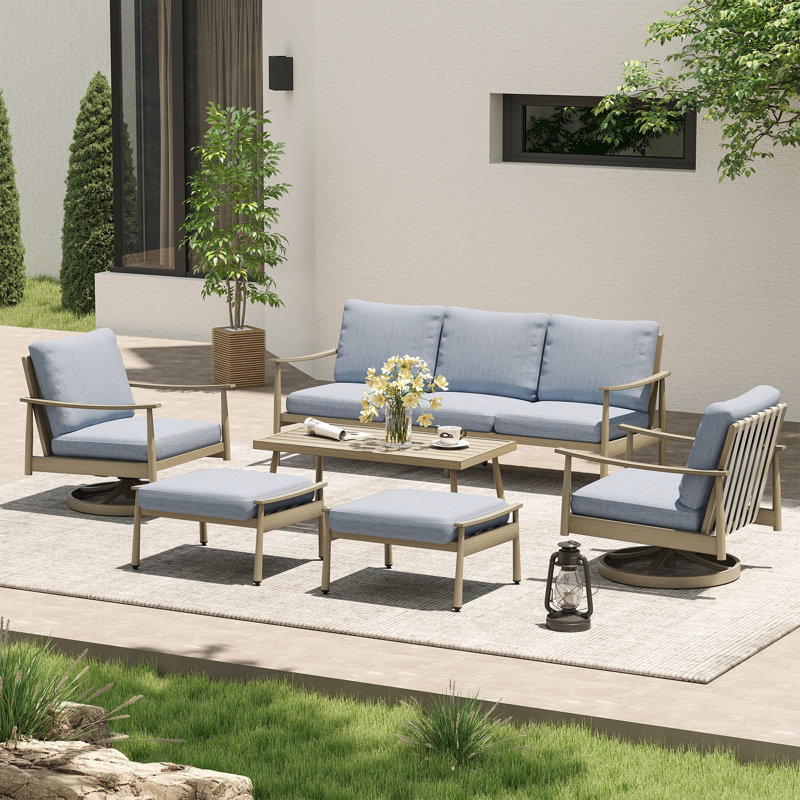 Ensemble de conversation d'extérieur pour 5 personnes avec coussins Mariène, Bleu, Brun