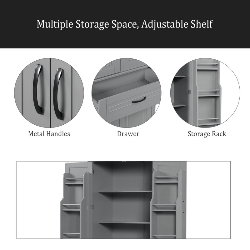 Armoire de rangement de salle de bain avec portes et tiroir, plusieurs espaces de rangement, tablette réglable, Gris