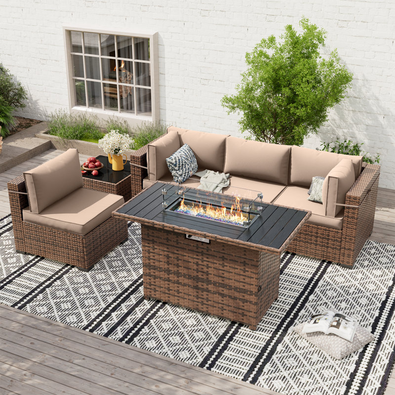 Babak Rattan Sectional Conversation Sets With Fire Pit Table, Coffee Table, Khaki, 4