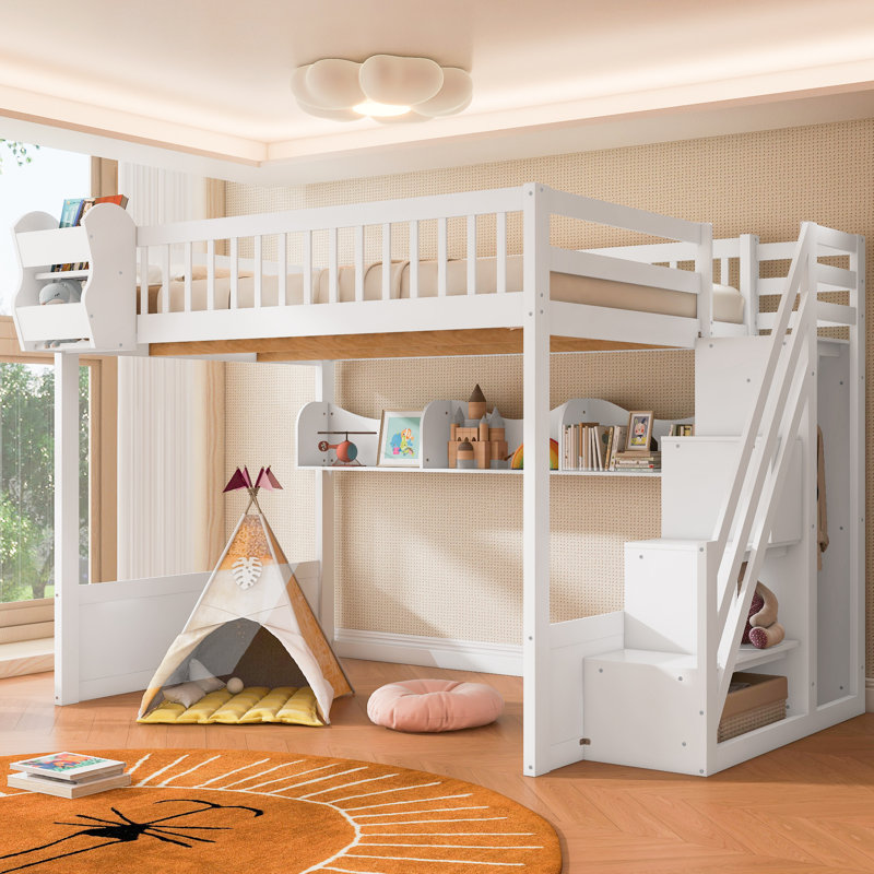 Grand lit mezzanine en bois avec escalier, garde-robe, tablettes de rangement et espace sous le lit, blanc, Blanc