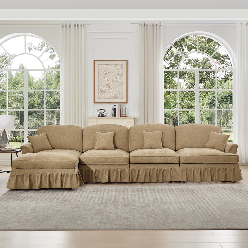 Canapé modulaire classique à trois places en forme de L avec accoudoirs évasés, jupes à plis à volants amovibles et repose-pieds mobile, canapé en chenille confortable, vert