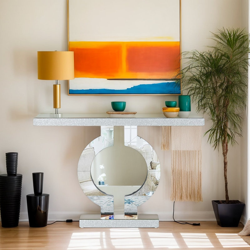 Console en miroir 43 po avec base en forme de O argentée élégante et miroir 43 po