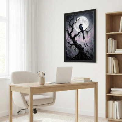 Toile noire encadrée en bois noir pour salon, chambre à coucher, bureau ou vestibule - décoration murale décorative avec arbre au clair de lune