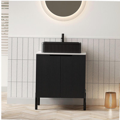 TURIO 24" Bathroom Vanity with Sink, Freestanding Bathroom Storage Cabinet with 2 Doors, Black Ceramic Basin and Carrara White Counter Top, Black Color