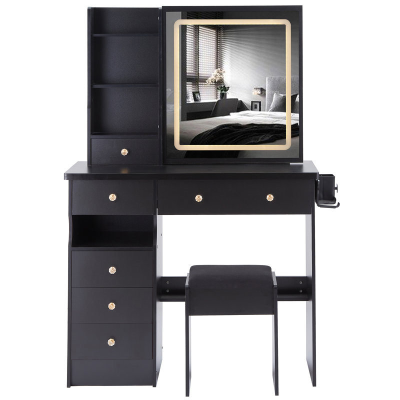 Ensemble de coiffeuse 37 po avec commode gauche et tabouret coussiné