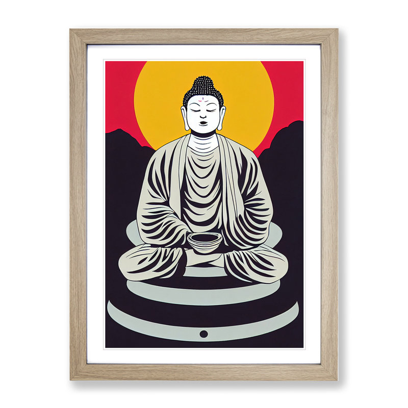 Buddha by Setting Sun - Wall Art, 66cm H x 48cm W x 2cm D, Oak Framed, White