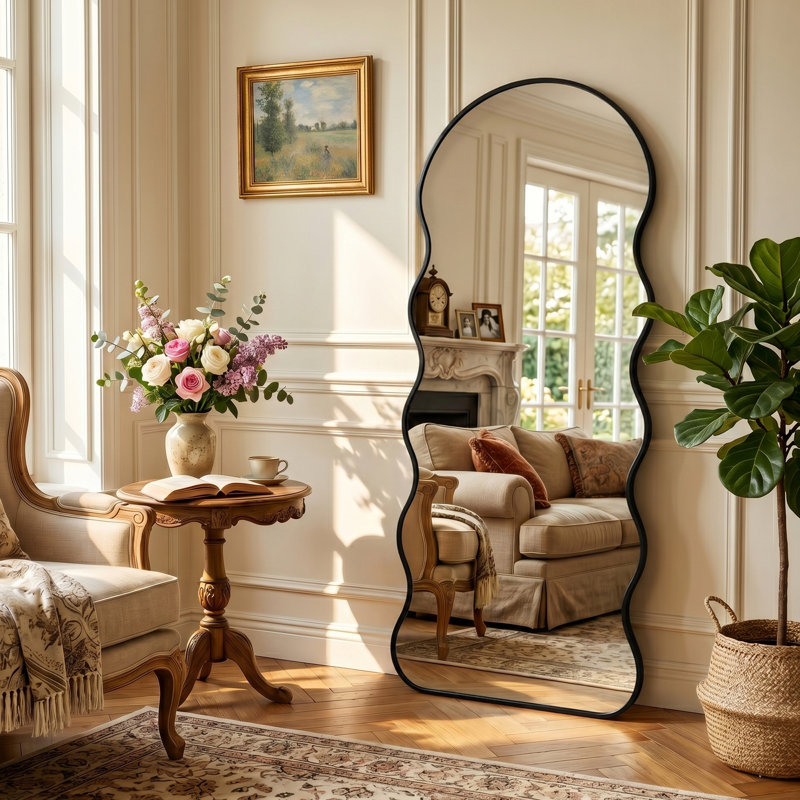 Modern Irregular Full-length Mirror With Aluminum Frame, Wall-mounted Or Free-standing Design, Black, 63" x 23.6"