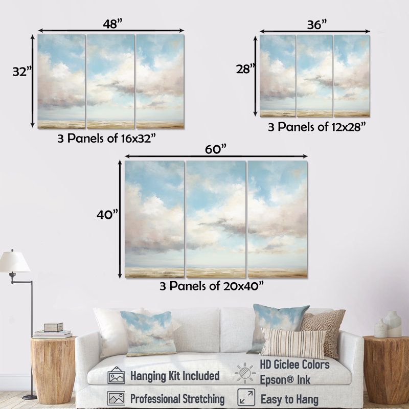 «White Clouds Scenery Minimalisme II», ensemble de reproduction d'art mural nuages, Toile tendue, H 40 po x l 60 po x P 1 po