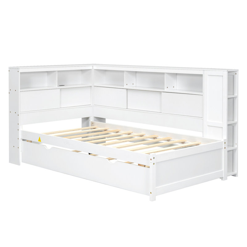 Lit simple en bois Farron avec tablettes de rangement, USB et lit gigogne, Blanc