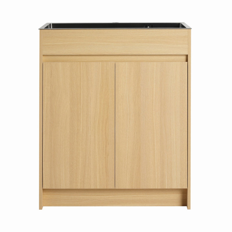 Meuble-lavabo autoportant avec lavabo en acier inoxydable et drain flexible, porte à fermeture en douceur