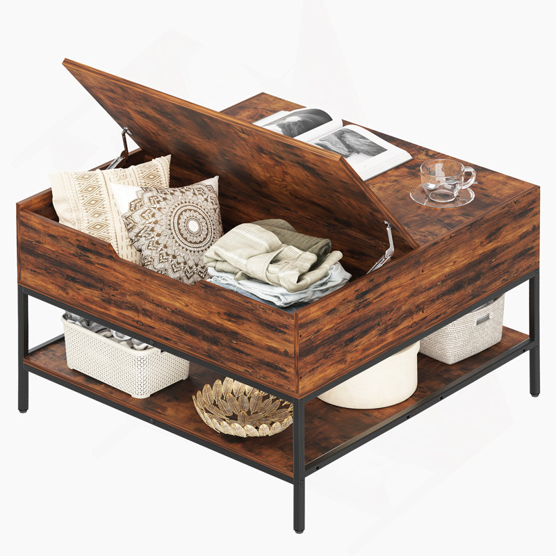Table basse Farmhouse avec pieds en métal, table carrée avec compartiment de rangement caché pour le salon, Walnut