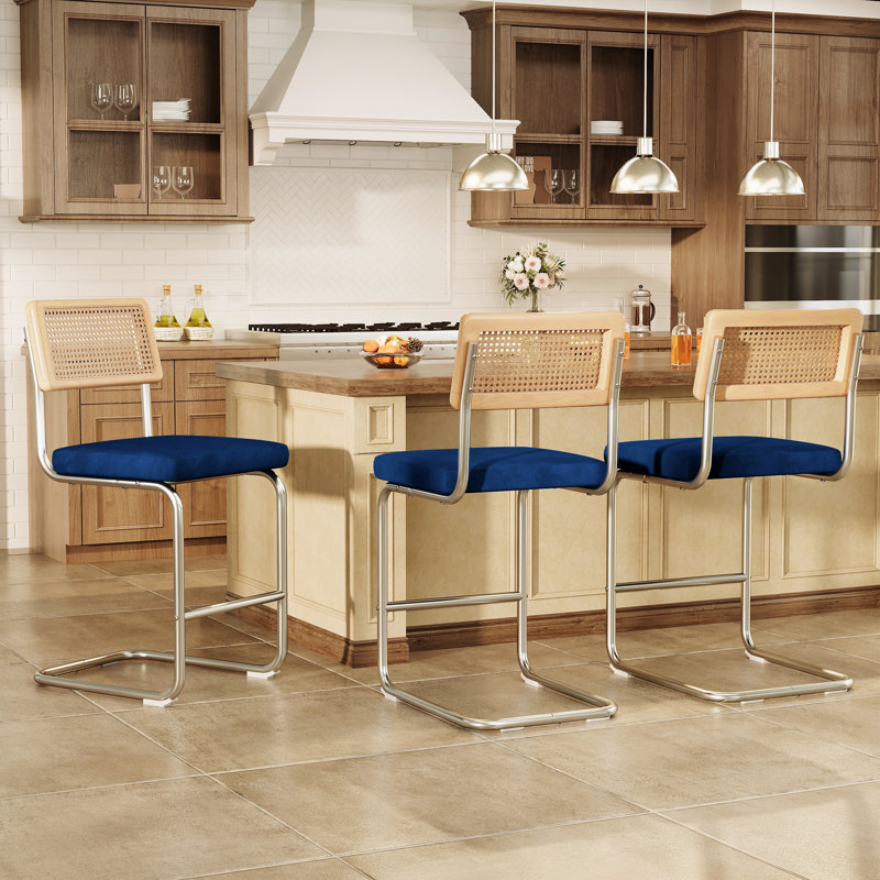 3 pièces Tabouret de bar H 26,1 po - Revêtement en velours - Structure en fer avec dossier en rotin - Tabouret de cuisine à hauteur de comptoir - Bleu marine