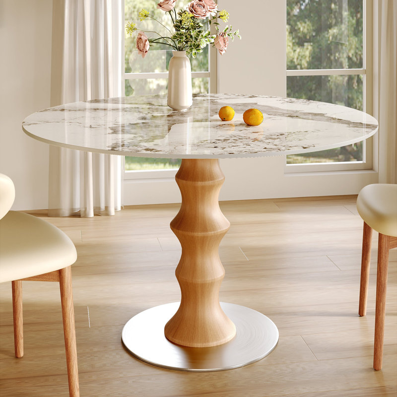 Table de salle à manger en pierre frittée ronde, table de cuisine circulaire pour 2 à 4 personnes, table de salle à manger en bois massif d'inspiration bambou pour la salle à manger, le coin-repas ou le salon