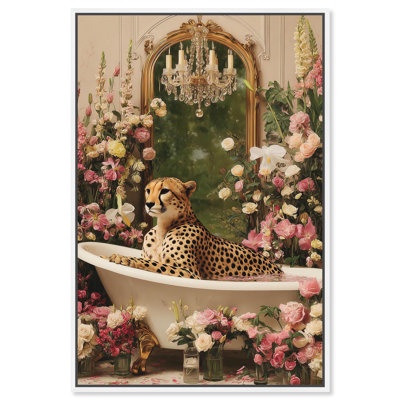 "Cheetah in Spring Bathroom", impression sur toile par Art Remedy, cadre blanc, 20 x 30
