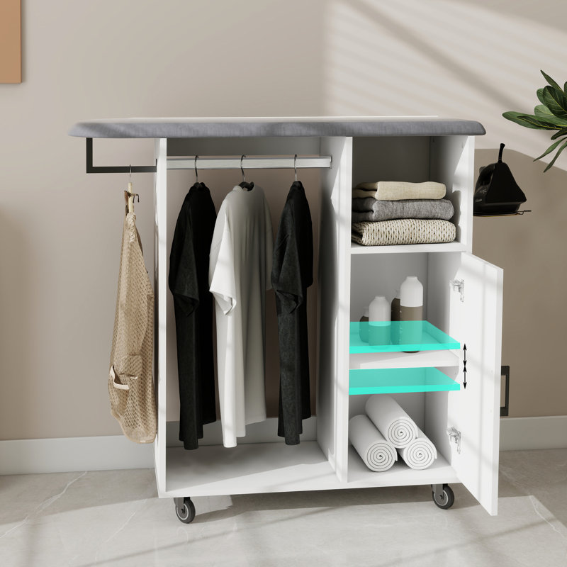Chariot à repasser compact compact blanc E1 avec planche, idéal pour la lessive et la cuisine, planche à roulettes réglable sur le chariot pour économiser de l'espace, chambre d'armoire polyvalente, couvercle chauffant