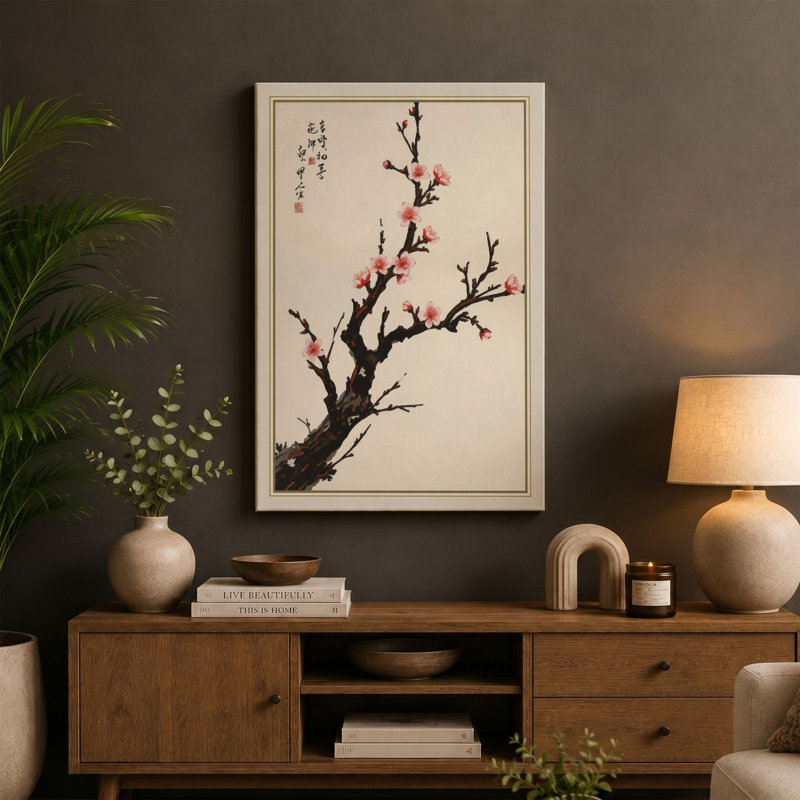 Blossoming Branch Japandi - Wrapped Canvas, 18x12 - 45.7 x 30.5 cm, Sage Border