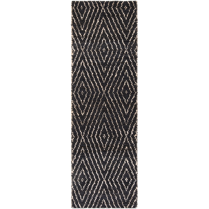 Wilmore Hand Woven Jute/Cotton Geometric Rug in Black, Runner 2'6" x 8'