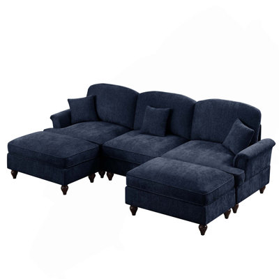Elegant Mid-Century Large 3-Seat Flared Arms Modular Sofa Couch with Removable Ruffles Pleats Skirts & 2 Ottomans for Living Room