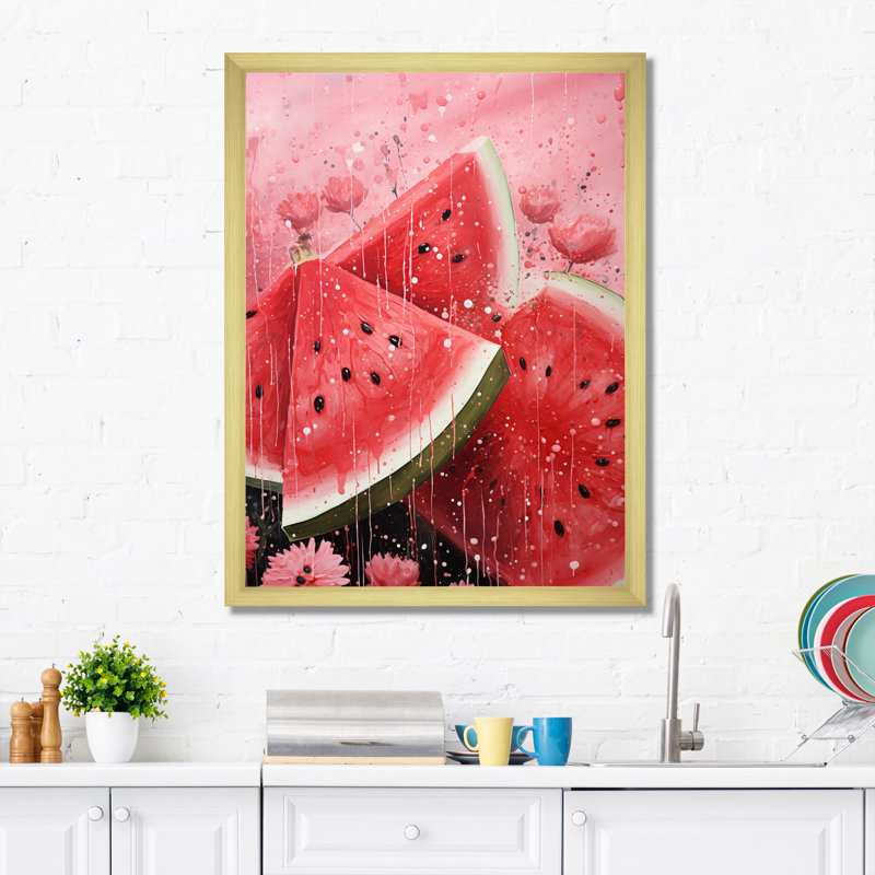 Fruit pastèque rose pointillisme encadré sur toile, Encadrement doré, H 32 po x l 24 po x P 1 po
