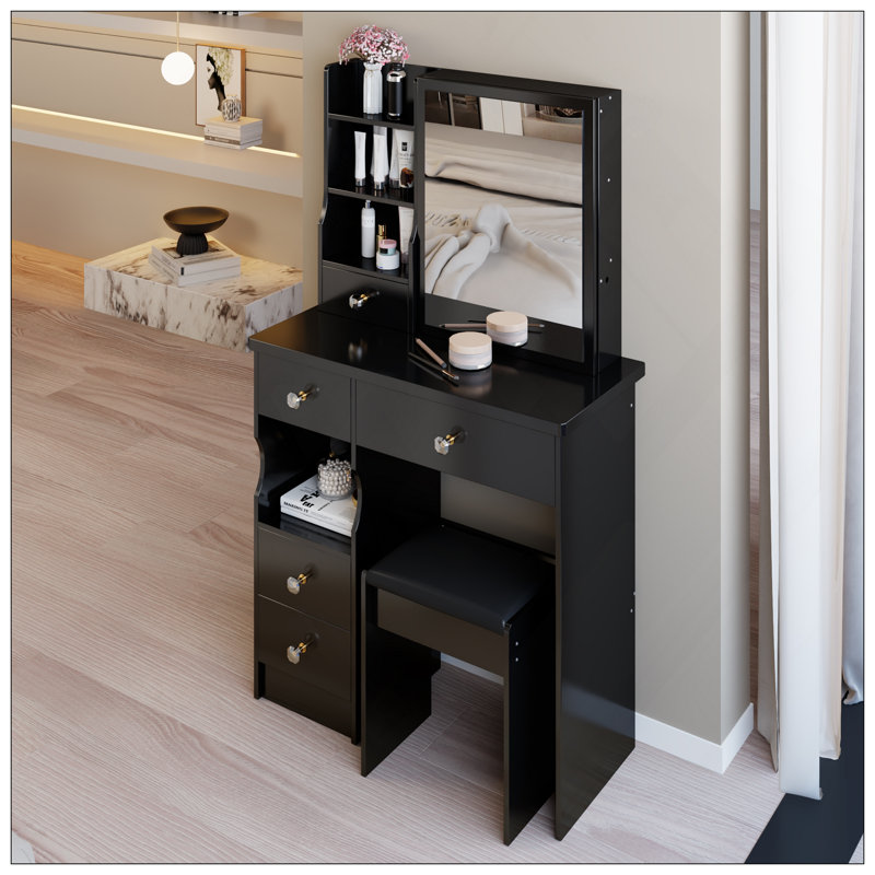 Petit meuble-lavabo de 29,2 po avec tabouret de bureau et tabouret rembourré, très grand miroir coulissant à droite, rangement multi-couches à grande capacité, commode pratique et pratique, convient aux petits espaces
