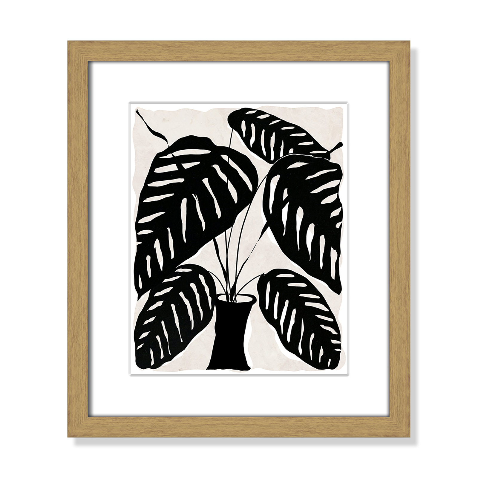 Black and White Potted Plant I Print, Natural Framed, 15" H x 13" W x 0.75" D