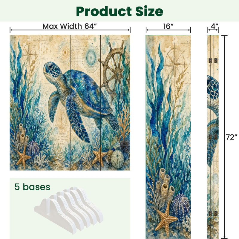4 panneaux de paravent pliant paravent tortue de mer royale rétro nautique étoile de mer toile séparateur de pièce séparateur de protection autoportant cloison d'intimité pour salle de bain
