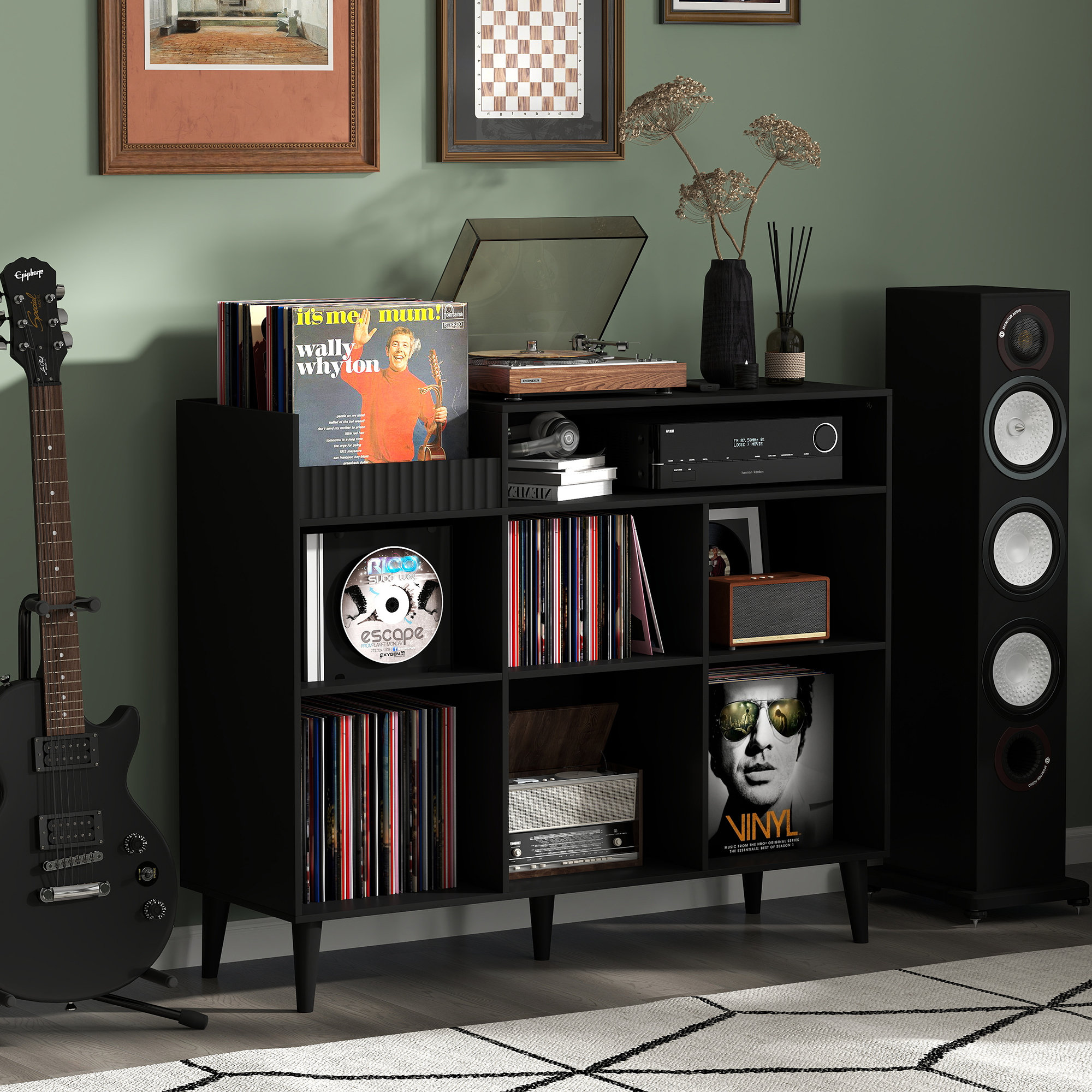 Meuble Tourne-Disque Vinyle Avec Prise, Support Tourne-disque Pour 145 Albums, Station De Charge, Étagère De Rangement Sur Table (Gris) | Leroy Merlin