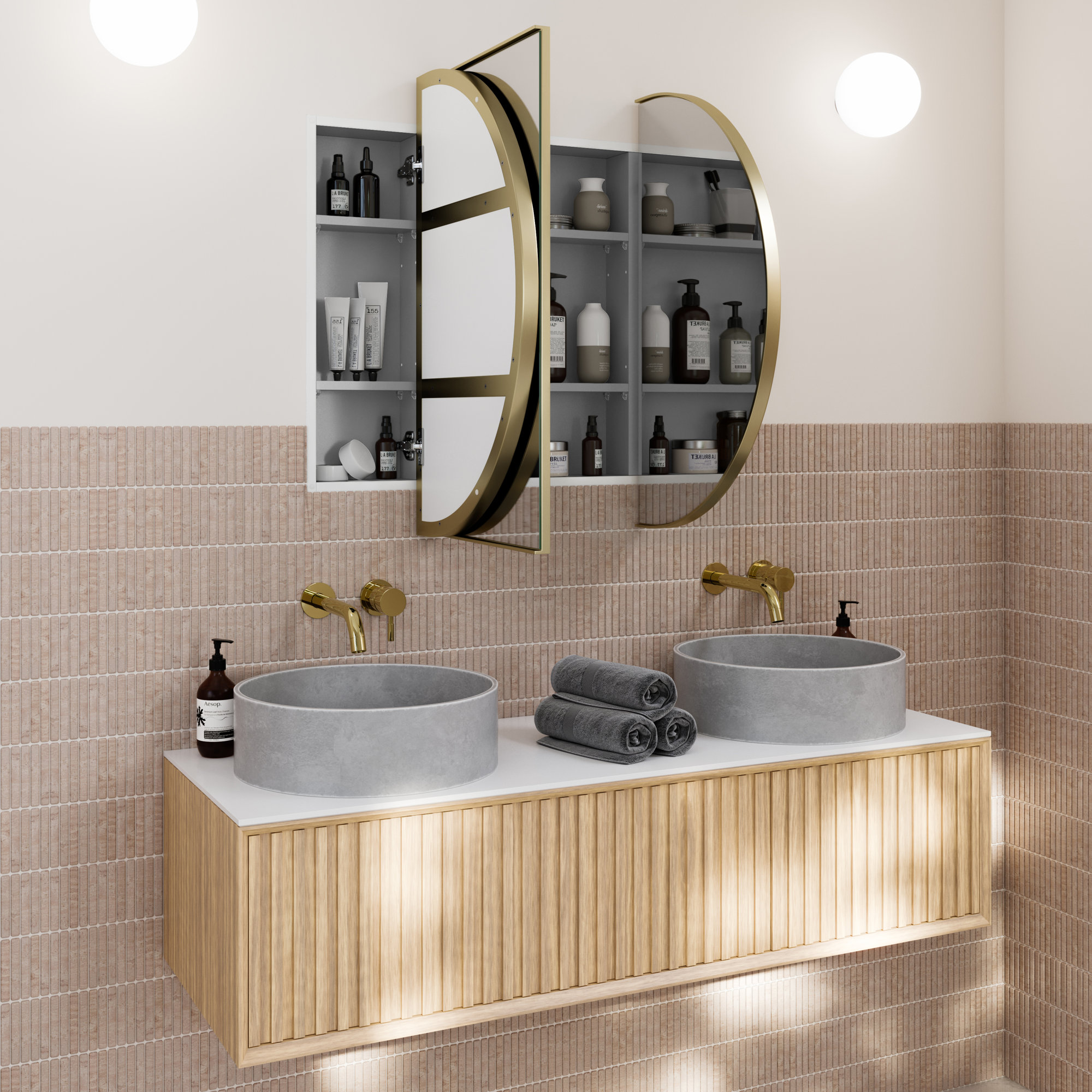 Three Door Steel Frame Pill Shape Medicine Cabinet, Satin Brass