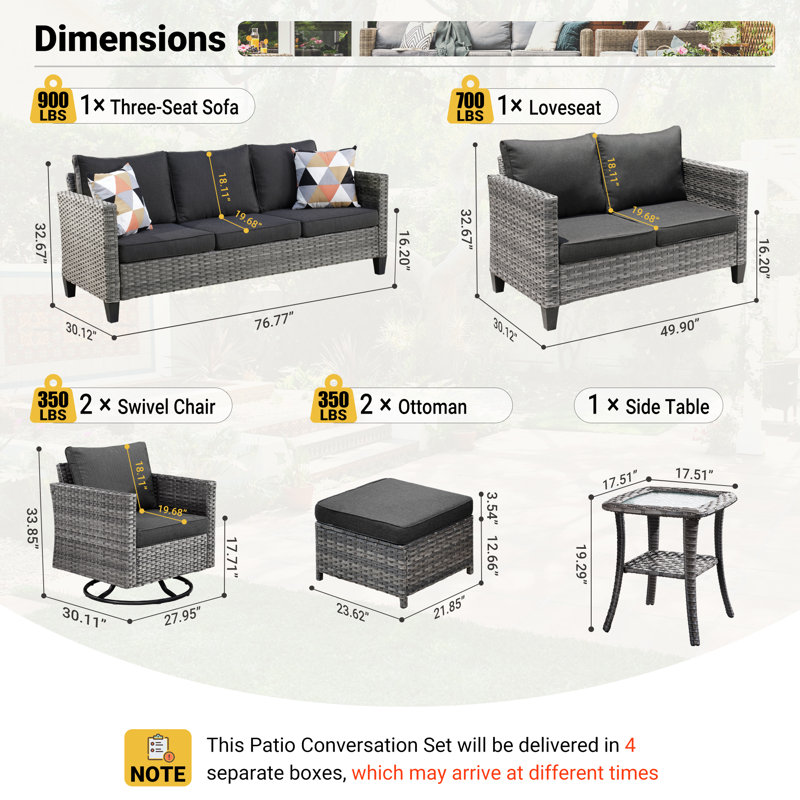 Lovall Wood Premium All-Weather Wicker 7 - Person Patio Conversation Set with Cushions, Black