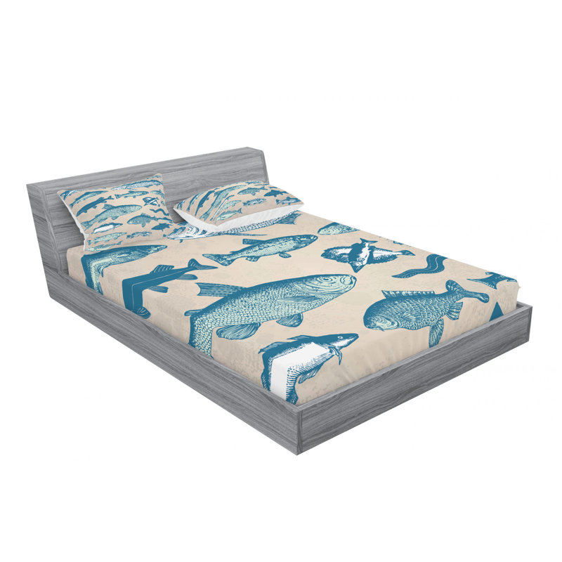 Queen White Microfiber Fish Print Bed Sheet Set