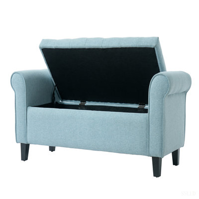 Light Blue Fabric Storage Bench with Rolled Arms, 38" Seat Width,  Black Legs, Button Fabric Design, Living Room Bedroom Entryway Furniture
