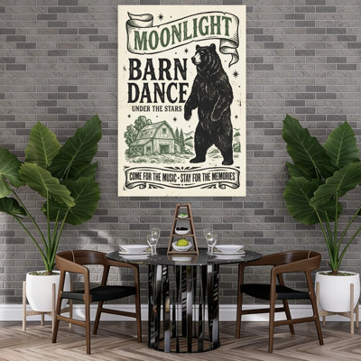 Moonlight Barn Dance Bear Rustic Serene Vintage Bear Forest Landscape Wall Art Print by Andreas Magnusson - Wrapped Canvas Print