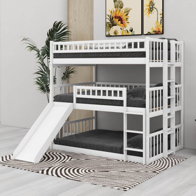 Full-Over-Full-Over-Full Convertible Triple Bunk Bed With Built-In Ladder And Slide