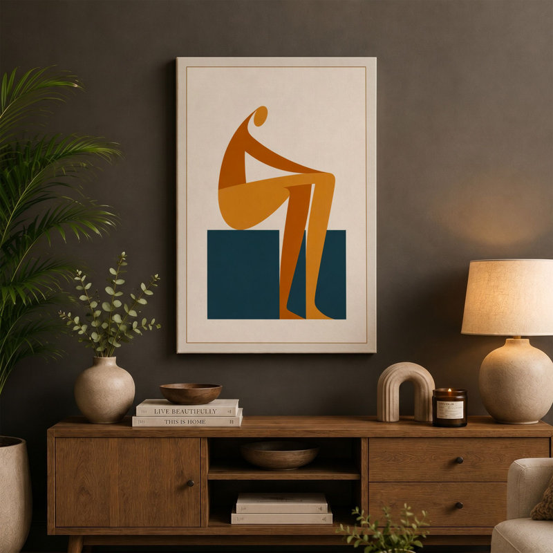 Contemplative Figure Minimalist - Wrapped Canvas, 30x20 - 76.2 x 50.8 cm, Teal Border