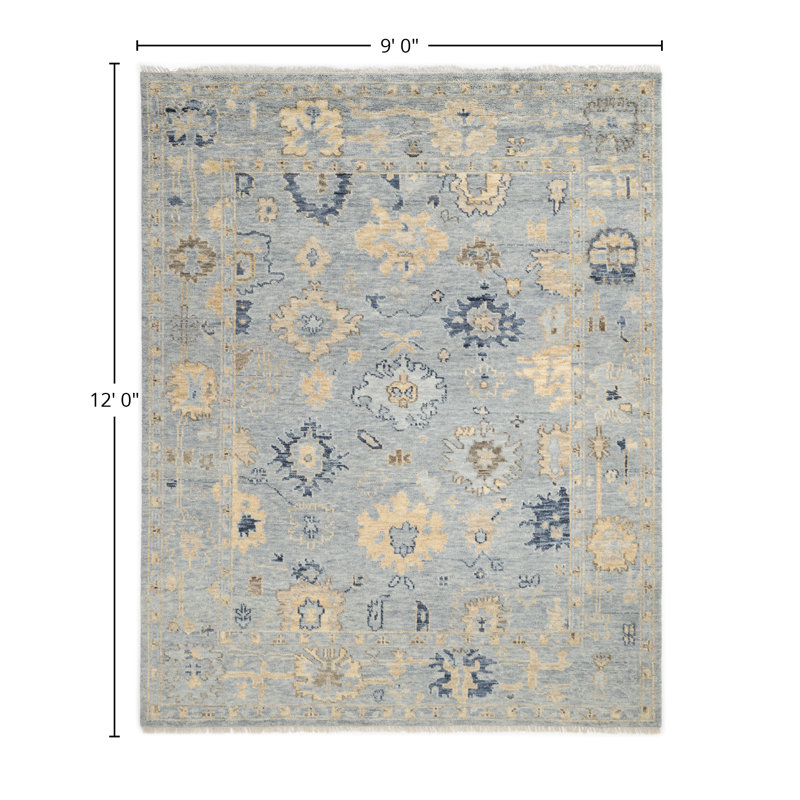 Lagos Hand Knotted Floral Area Rug in Gray, Rectangle 9' x 12'