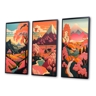 «Elegant Pink Japanese Mountain Landscape», 3 pièces sur toile
