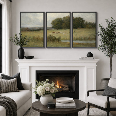 Pastoral Meadow With Cows Landscape Artwork, Living Room Dining Room Pictures, Framed Canvas Giclee Print Wall Art