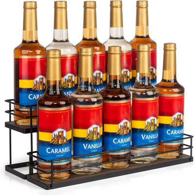 2 Tier Coffee Syrup Organizer Rack Holds 10 Bottles, Metal And Wood Countertop Stand For Condiments Oil Vinegar And Bar Storage