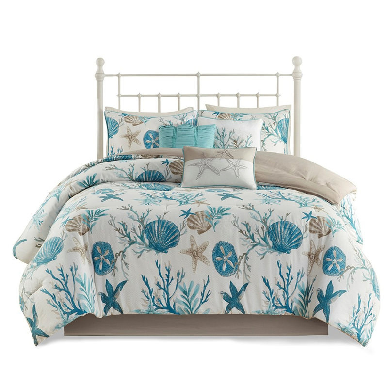 7 Piece Cotton Comforter For King Bed - With Printed Shells, Starfish, Corals & Luxurious Feel Size Coastal Print Of, Aqua