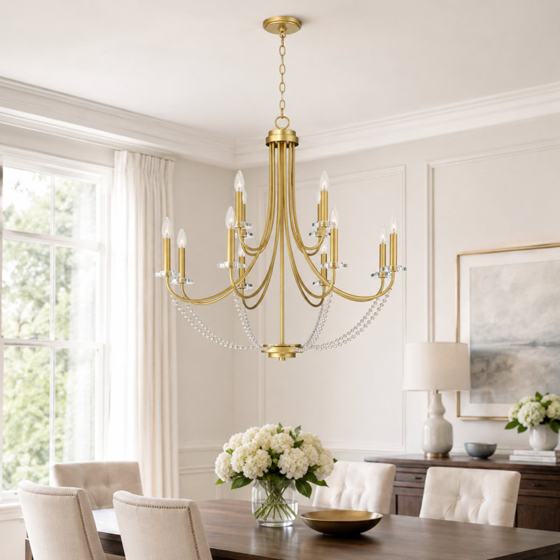 12 - Light Dimmable Candle Chandelier UL Certified, Brass Glitter