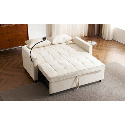 56.9" Loveseat Sofa Pull-out Sofa Bed Sleeper Sofa with a Reversible Backrest Cushion, Side Pockets, Two USB Ports and a Phone Holder for Living Room