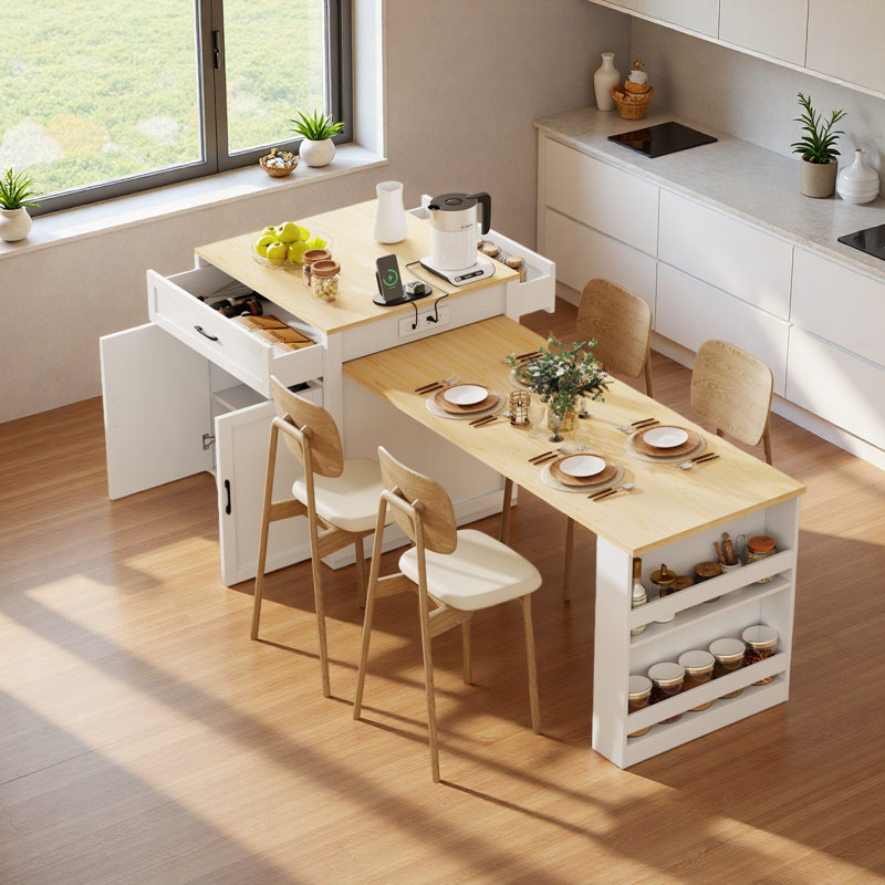 Kitchen Island with Extendable Dining Table, Rolling Kitchen Cart with Storage Drawers & Cabinet, Built-In Power Outlet, Faux Marble Top, 2–6 Person Space-Saving Kitchen Island