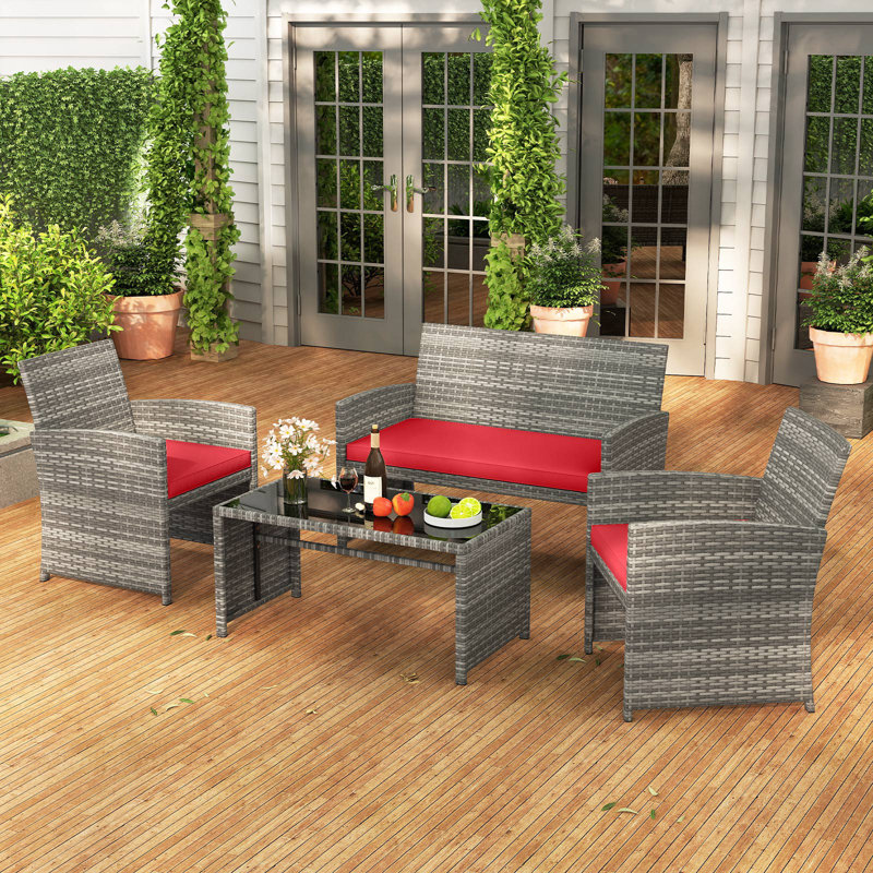 8 Piece Patio Furniture Set Outdoor Wicker Conversation Set w/ Tempered Glass Coffee Table, Red